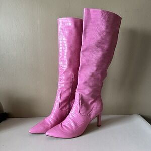 Nine West MAXIM Pointy Toe Knee‎ Stiletto PINK Croco Boots 12M Party Club Barbie